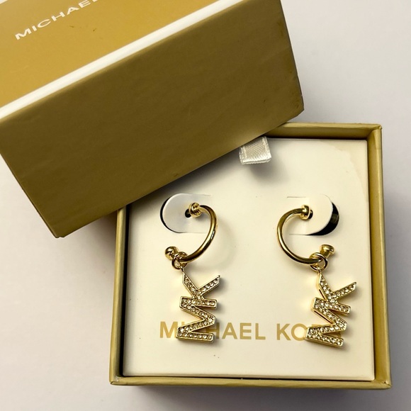 Michael Kors Pave MK Dangle Earrings Gold-tone NWT - Picture 3 of 5